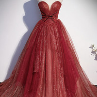 Burgundy tulle sequins long prom dress A line evening gown - Thumbnail 4