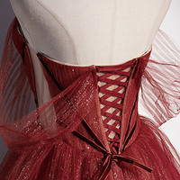 Burgundy tulle sequins long prom dress A line evening gown - Thumbnail 5