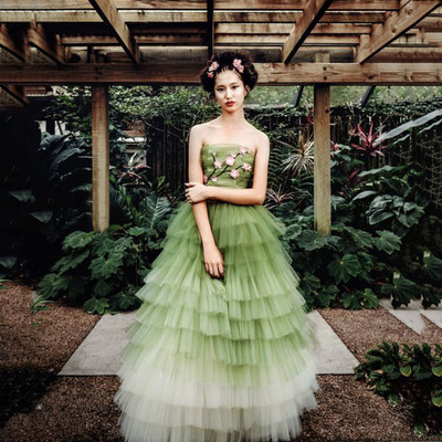 Green tulle applique long prom dress a line evening dress - Thumbnail 1