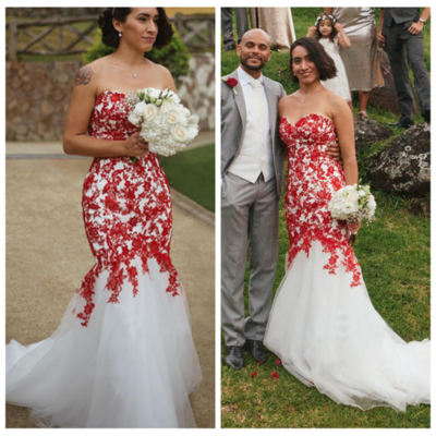 Charming Sweetheart Tulle Red and White Wedding Dresses Appliques with Court Train Mermaid Wedding Dress Lace Up Back Bridal Gowns,1301
