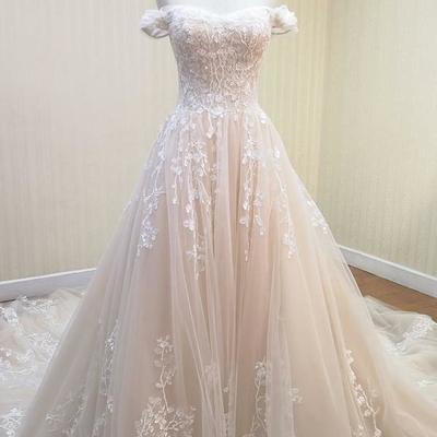 White off the shoulder vestido de noiva wedding dress with sweep train plus size bridal tulle mariage,1302 - Thumbnail 2