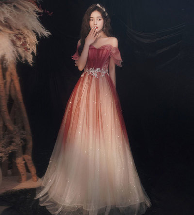 Burgundy sequins long prom dress formal dress,1306