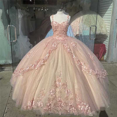 Pink sparkly quinceanera prom dresses lace flower sweet 16 tulle party ball gown,767