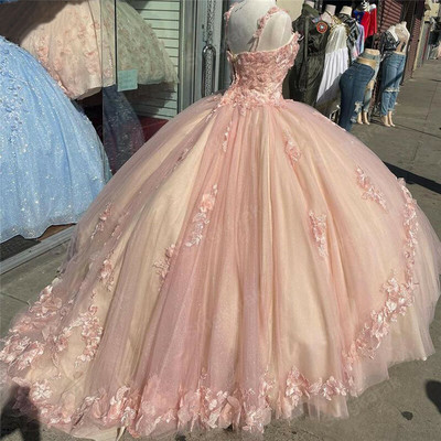 Pink Sparkly Quinceanera Prom Dresses Lace Flower Sweet 16 Tulle Party Ball Gown,767