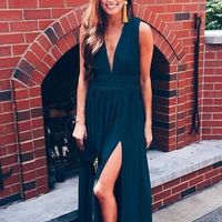 Stylish A-Line Deep V Neck Navy Blue Chiffon Long Prom Dresses with Side Split,Sexy Evening Party Dresses,768 - Thumbnail 2