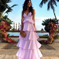Chic A-Line V Neck Open Back Pink Satin Tiered Long Prom Dresses,769 - Thumbnail 2