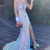 SP1984,Sparkle blue prom dress,sequin long evening dresses,cross back party dress - Thumbnail 1