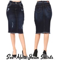 TINSLEY FRAYED & DISTRESSED DARK INDIGO MID LENGTH DENIM SKIRT - Thumbnail 2