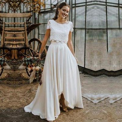 Two pieces country wedding dresses bohemian short sleeve 2022 lace top high low skirt robes de mariee jewel neck a line bridal gowns，1310 - Thumbnail 1