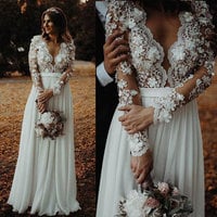 Deep V Neck Wedding Dresses Bridal Gowns with 3D Flowers，1312 - Thumbnail 1