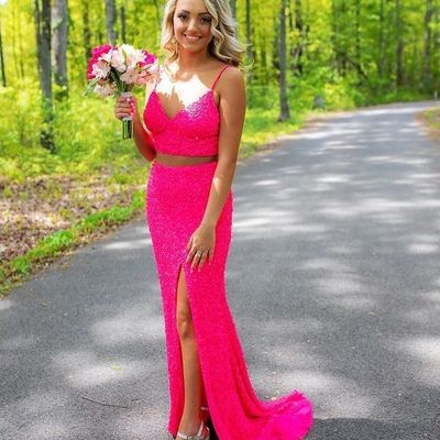 Two piece hot pink sequin long prom dresses with side slit,1315