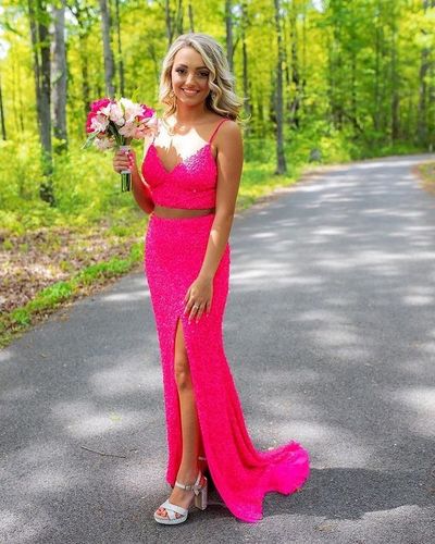 Two Piece Hot Pink Sequin Long Prom Dresses with Side Slit,1315