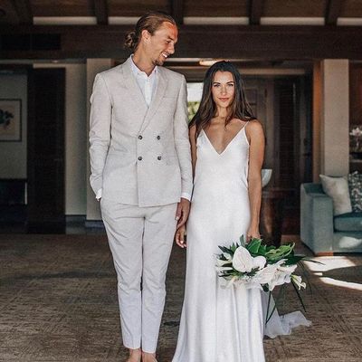 Gorgeous sheath v neck spaghetti straps white satin wedding dresses,1316 - Thumbnail 2