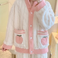 Japanese Winter Soft Plush Fluff Single Peach Fruit Embroidery Soft Pink White Pants Pajamas Two Piece Set - Thumbnail 5