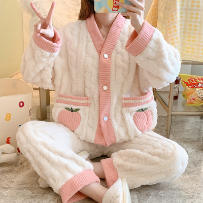 Japanese winter soft plush fluff single peach fruit embroidery soft pink white pants pajamas two piece set - Thumbnail 2