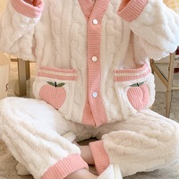 Japanese Winter Soft Plush Fluff Single Peach Fruit Embroidery Soft Pink White Pants Pajamas Two Piece Set - Thumbnail 2