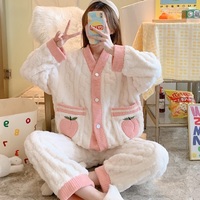 Japanese Winter Soft Plush Fluff Single Peach Fruit Embroidery Soft Pink White Pants Pajamas Two Piece Set - Thumbnail 4