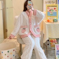 Japanese Winter Soft Plush Fluff Single Peach Fruit Embroidery Soft Pink White Pants Pajamas Two Piece Set - Thumbnail 1