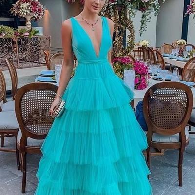 Deep v-neckline tulle prom dress tiered skirt long party gowns，1317 - Thumbnail 2