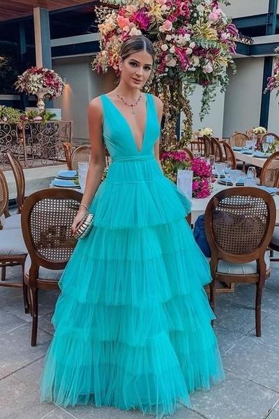 Deep V-neckline Tulle Prom Dress Tiered Skirt Long Party Gowns，1317
