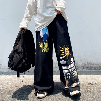 Graffiti Balloon Party Sun High Waist Straight Leg Trousers Pants