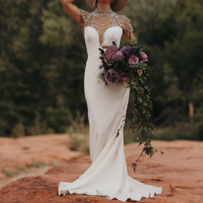 Boho bohemian wedding dress, mermaid with rhinestones shoulders embellishments wedding dress，1318 - Thumbnail 1