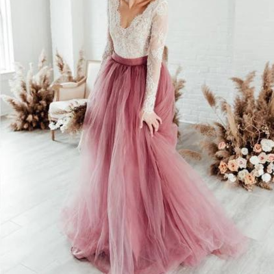 Sexy v-neck long sleeve wedding dress for winter lace applique cheap wedding dress tiered sweet tulle boho wedding dress with sash，1319 - Thumbnail 3