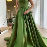 Straps Long A-line Green Satin Prom Dresses, Front Slit Prom Dresses, Elegant 2022 Prom Dresses, Cheap Prom Dresses,1321 - Thumbnail 1
