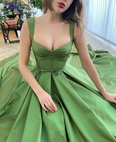 Straps Long A-line Green Satin Prom Dresses, Front Slit Prom Dresses, Elegant 2022 Prom Dresses, Cheap Prom Dresses,1321