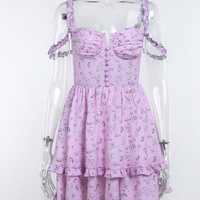 Lilac Flower Prints Ruffled Dress - Thumbnail 3