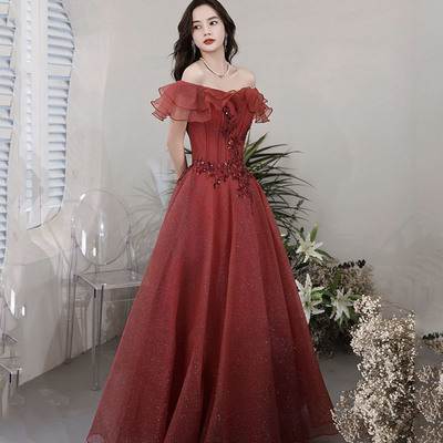 Burgundy tulle sequins long prom dress a line evening dress - Thumbnail 2
