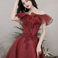 Burgundy tulle sequins long prom dress A line evening dress - Thumbnail 2