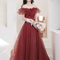 Burgundy tulle sequins long prom dress A line evening dress - Thumbnail 3