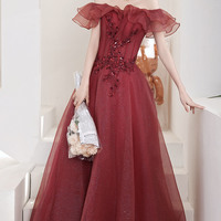 Burgundy tulle sequins long prom dress A line evening dress - Thumbnail 4