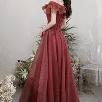 Burgundy tulle sequins long prom dress A line evening dress - Thumbnail 5