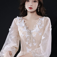 Champagne tulle lace long prom dress evening dress - Thumbnail 1