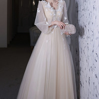 Champagne tulle lace long prom dress evening dress - Thumbnail 4