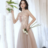Pink tulle lace long prom dress pink evening dress - Thumbnail 1