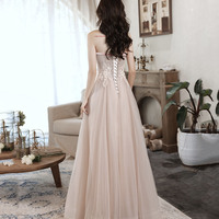 Pink tulle lace long prom dress pink evening dress - Thumbnail 3