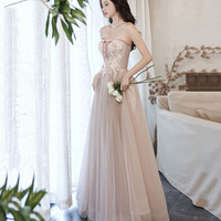 Pink tulle lace long prom dress pink evening dress - Thumbnail 4