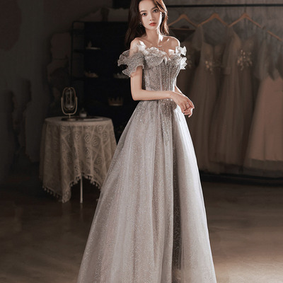 Gray tulle sequins long prom dress a line evening dress - Thumbnail 2