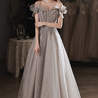 Gray tulle sequins long prom dress A line evening dress - Thumbnail 1