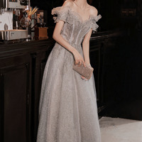 Gray tulle sequins long prom dress A line evening dress - Thumbnail 2