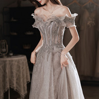 Gray tulle sequins long prom dress A line evening dress - Thumbnail 3