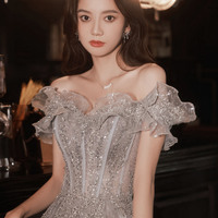 Gray tulle sequins long prom dress A line evening dress - Thumbnail 4