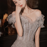 Gray tulle sequins long prom dress A line evening dress - Thumbnail 5