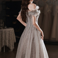 Gray tulle sequins long prom dress A line evening dress - Thumbnail 6