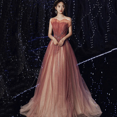 Burgundy tulle sequins long prom dress a line evening dress - Thumbnail 2