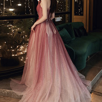 Burgundy tulle sequins long prom dress A line evening dress - Thumbnail 2