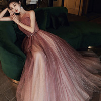 Burgundy tulle sequins long prom dress A line evening dress - Thumbnail 4